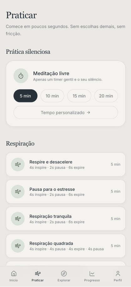 Tela de prática do Meditei